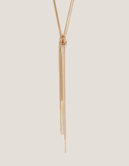 Long Mixed Metal Necklace with Knot and Chain Tassel