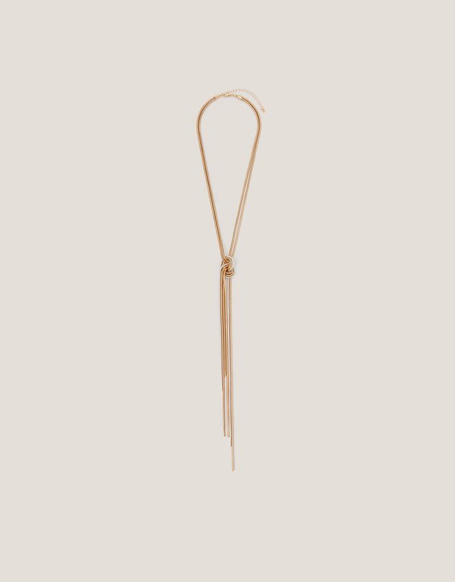 Long Mixed Metal Necklace with Knot and Chain Tassel