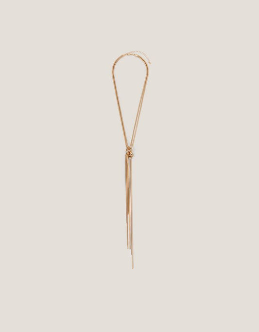 Long Mixed Metal Necklace with Knot and Chain Tassel
